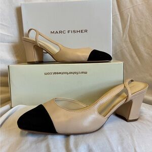 Marc Fisher Beige and Black Laynie Slingback Heels